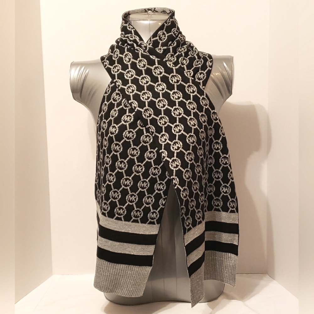 NWOT Michael Kors Women’s Black & Lt. Gray Scarf with Silver Metallic Threading